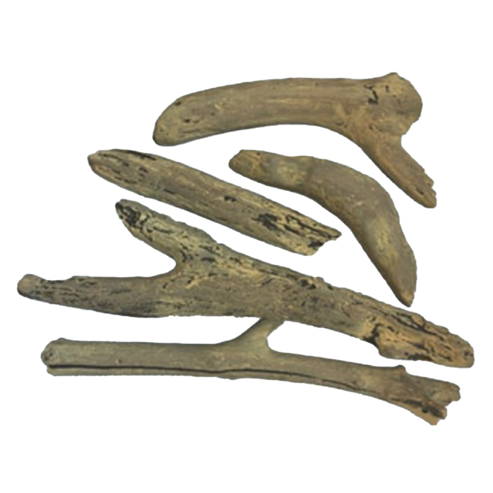 Driftwood log set with four weathered curved pieces, tan and dark brown.