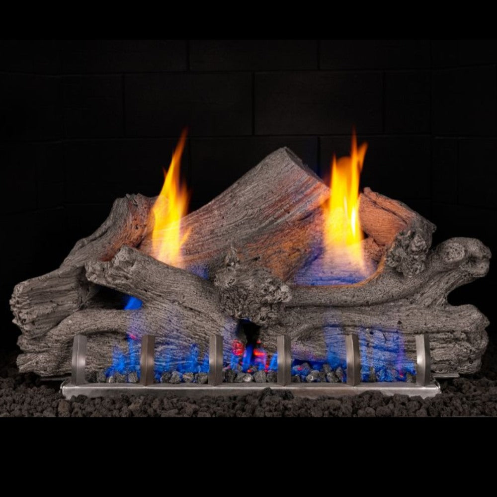 Ventless gas log set with driftwood logs, flames, and blue ember bed