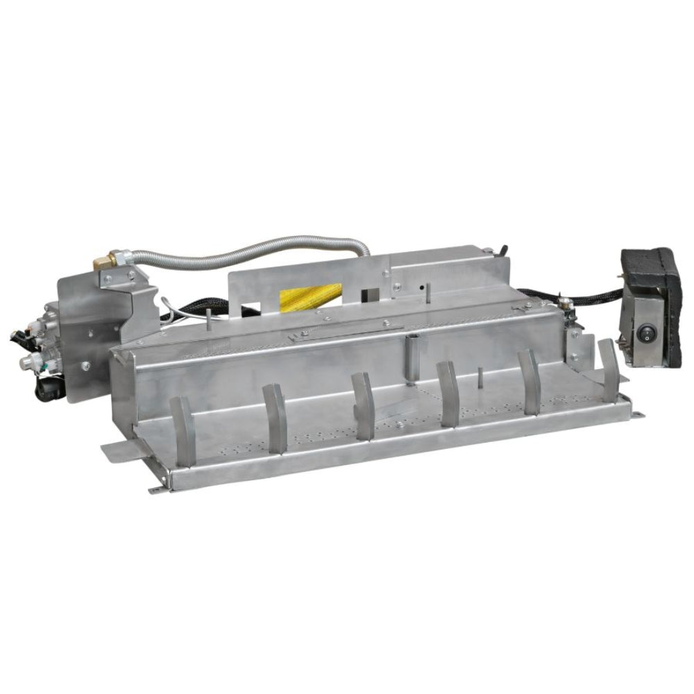 Ventless gas log burner box with metal support bars and ignition components