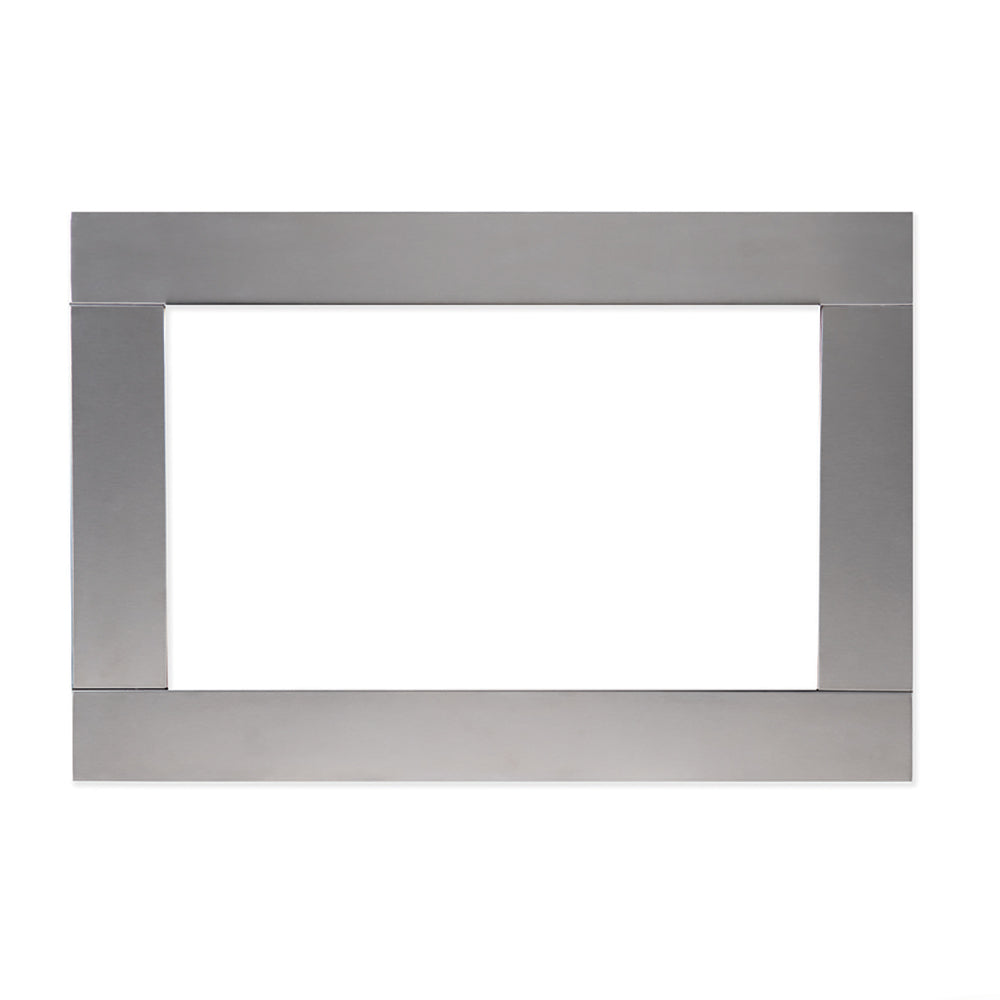 Stainless steel fireplace surround trim with rectangular inner opening