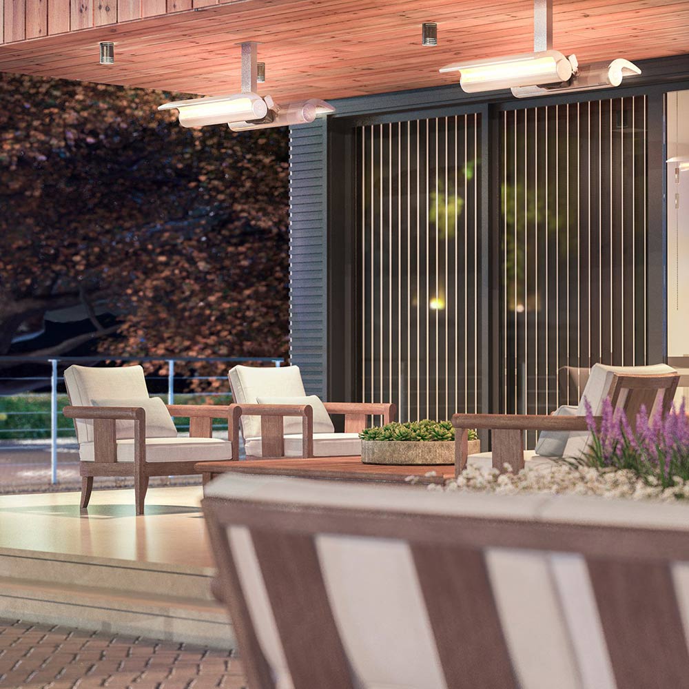 Ceiling-mounted infrared heater bracket on outdoor patio ceiling, multiple units