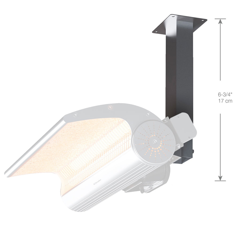 Ceiling-mount bracket with vertical support and angled mounting plate for infrared heater