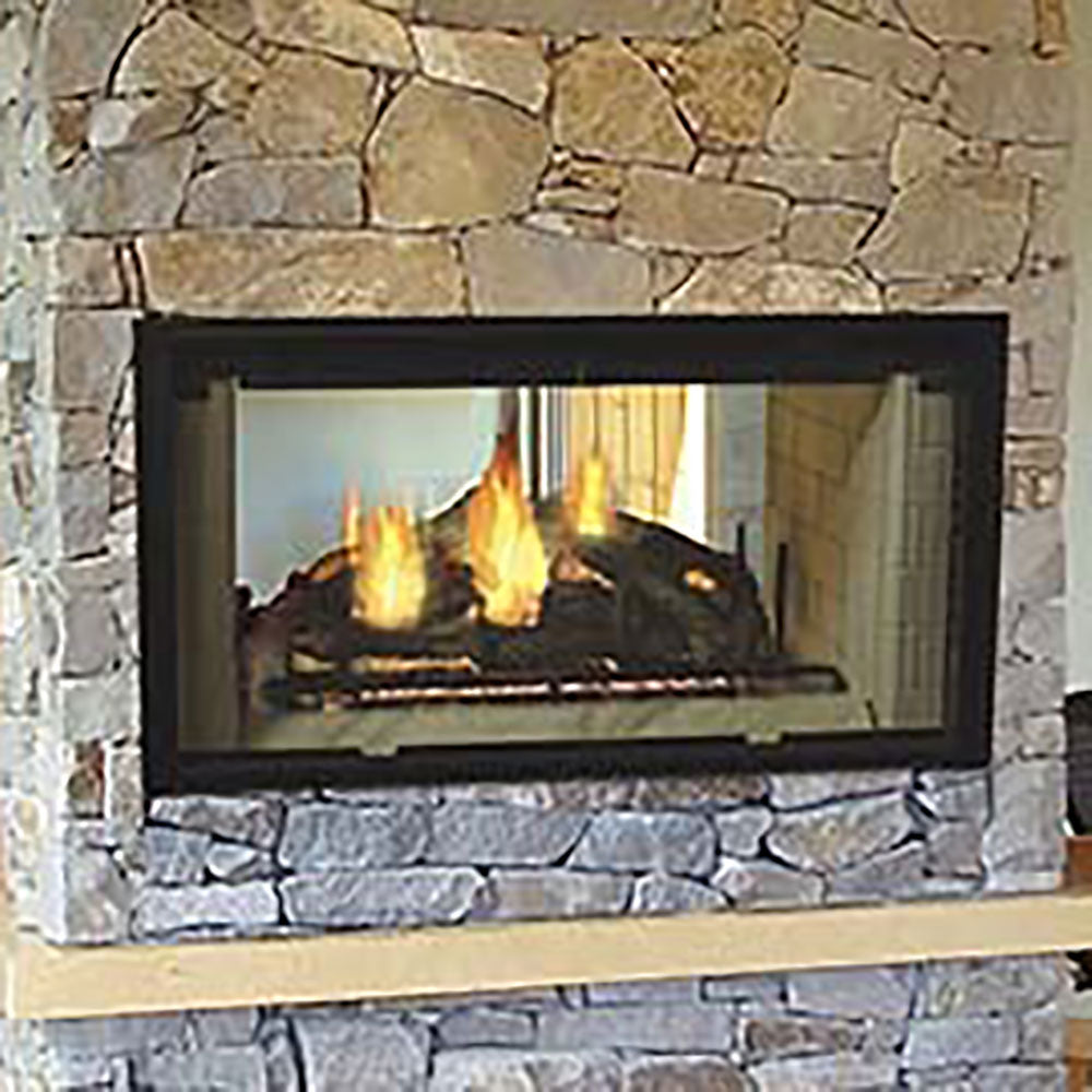 See-through wood-burning fireplace insert with glass front and burning logs in black frame.