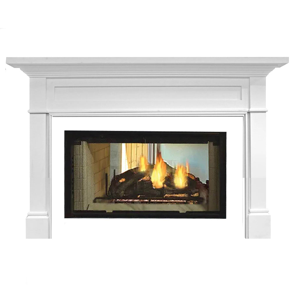 White fireplace mantel surround with open firebox and visible flames