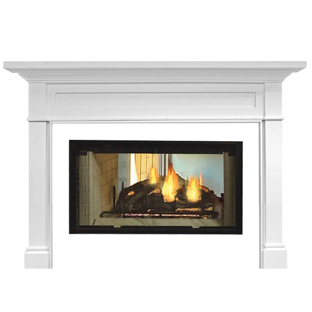 White fireplace mantel surround with black firebox and burning wood logs