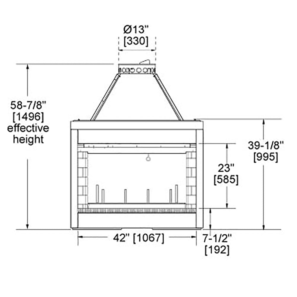Wood-burning fireplace insert technical diagram with dimensions and top opening view.