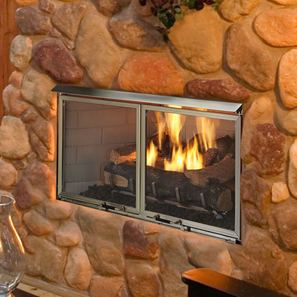 Outdoor gas fireplace screen doors with mesh panels in a stainless frame