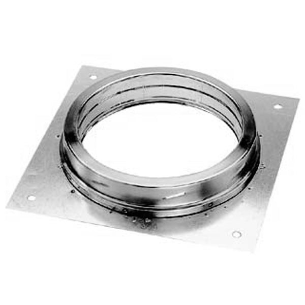 Metal anchor plate with round flue opening and mounting tabs, silver finish