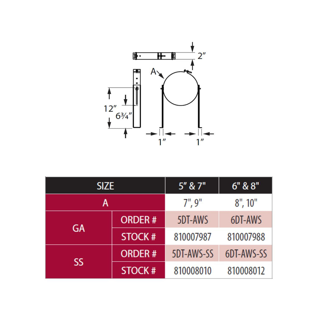 Wall strap size chart and dimensions diagram for 5 in & 7 in and 6 in & 8 in systems