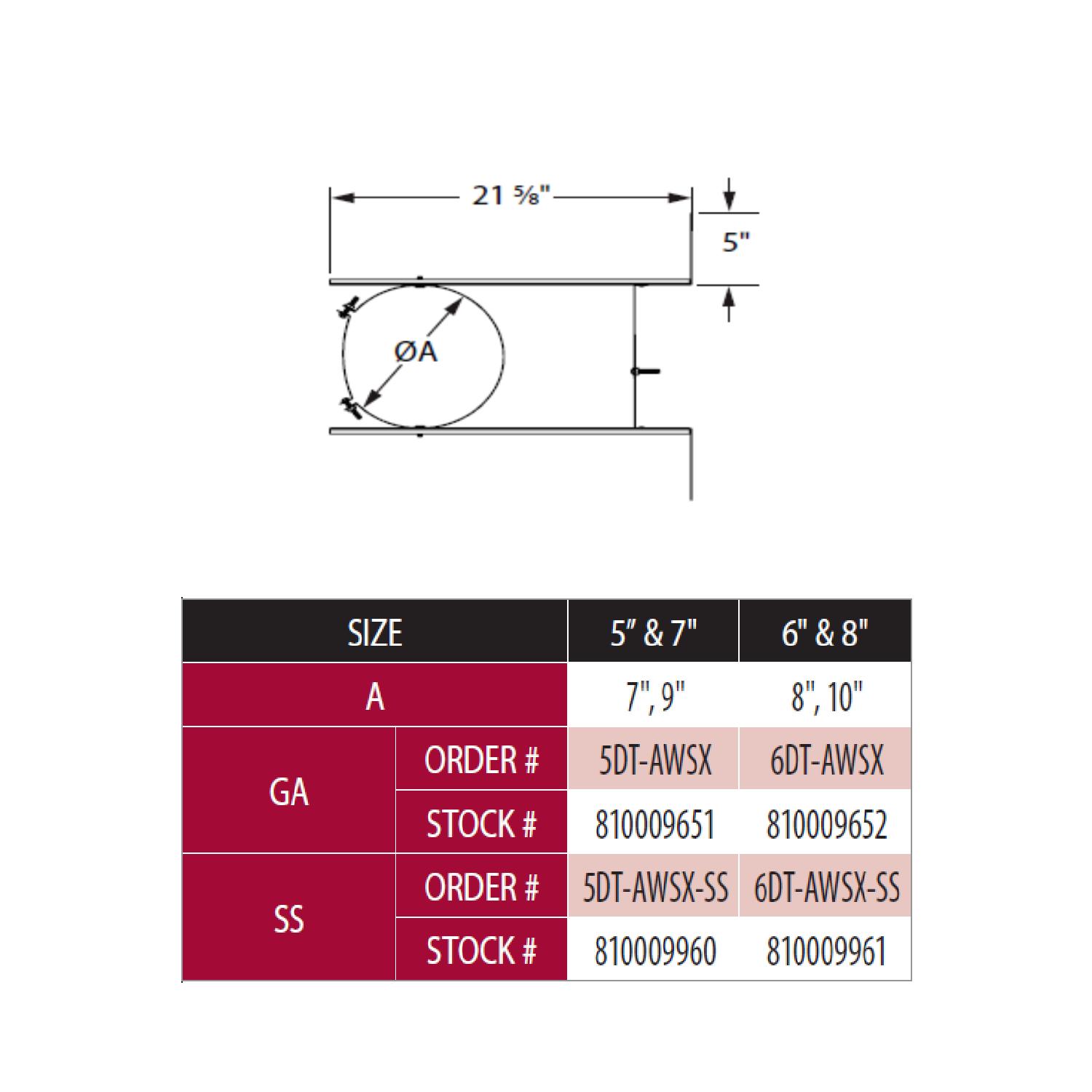 Wall strap size chart with 5 and 7 in fit and SS/GA order details