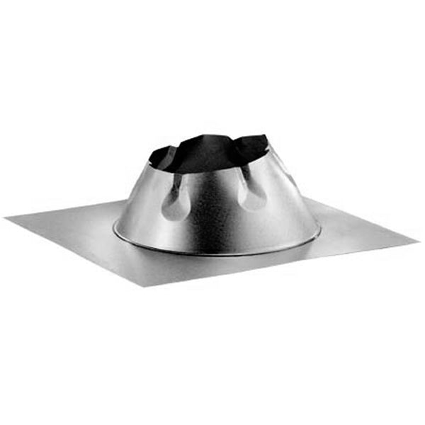 Metal flat-roof roof flashing with black storm collar and wide base