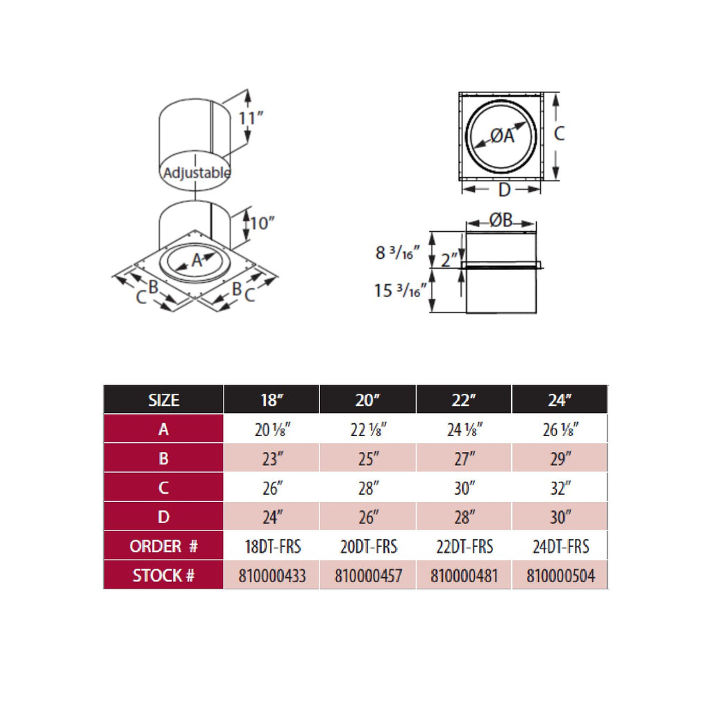 Firestop radiation shield size chart with diameter and height measurements