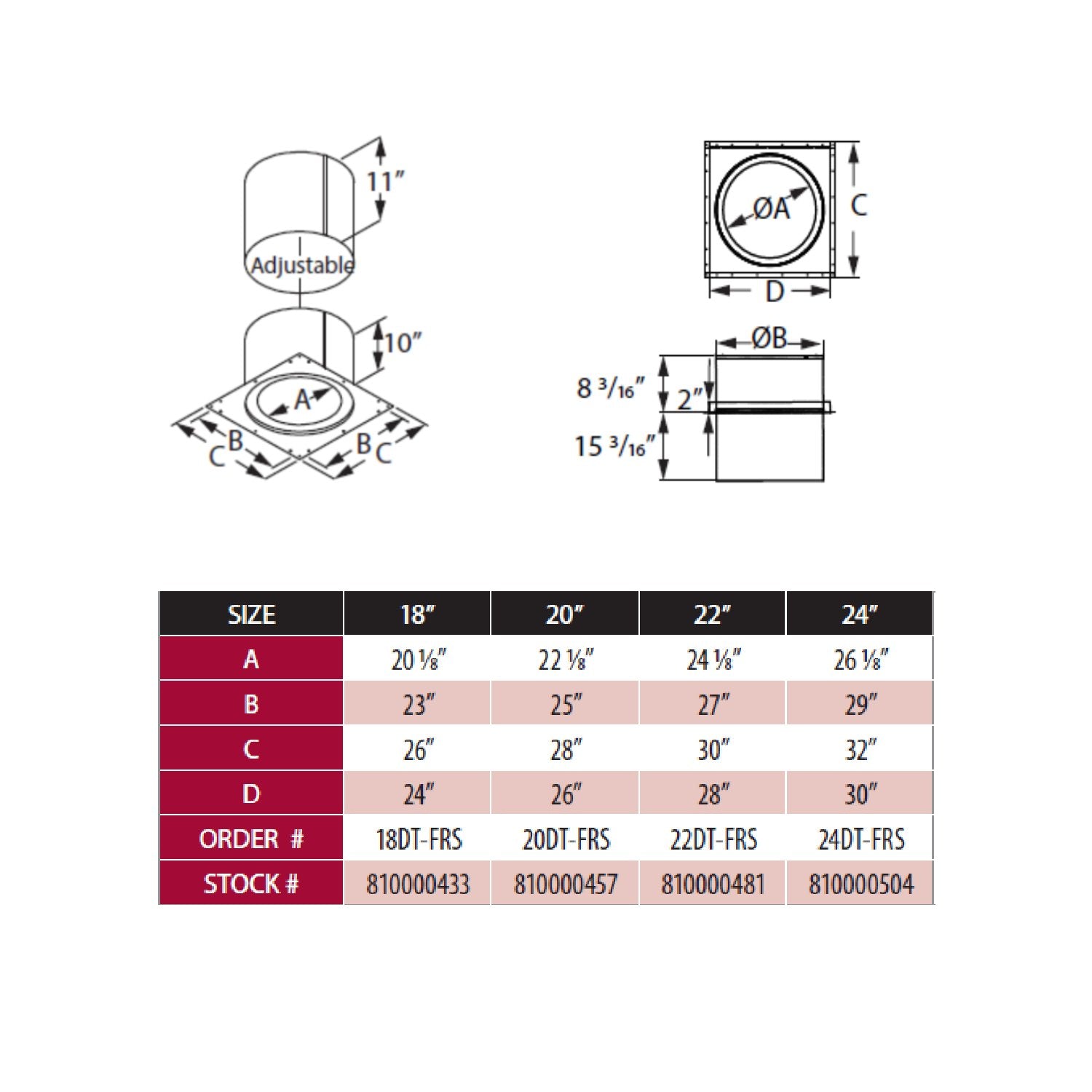 Firestop radiation shield size chart with diameter and height measurements