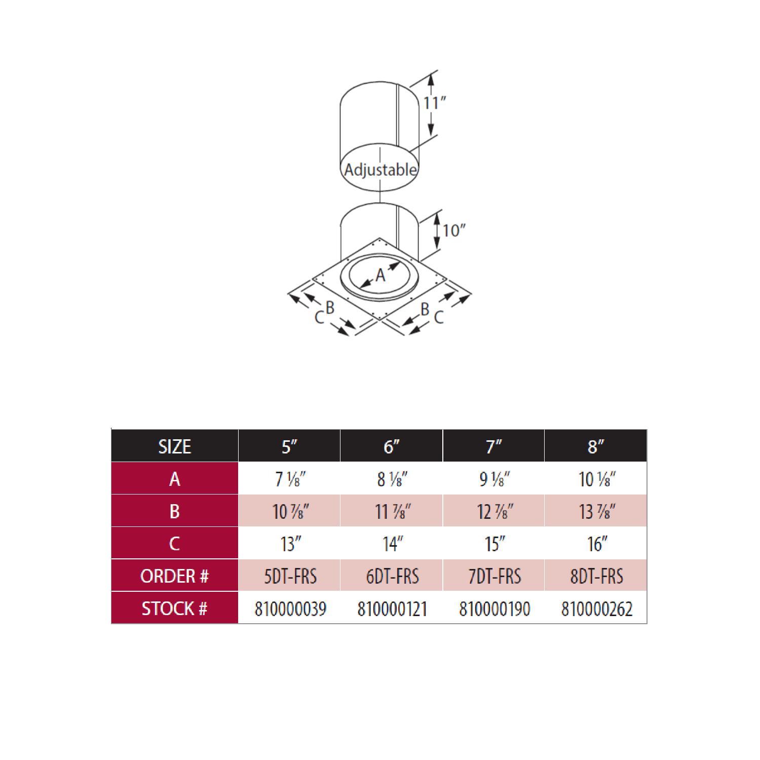 DuraVent DuraTech firestop radiation shield size chart with adjustable dimension diagram
