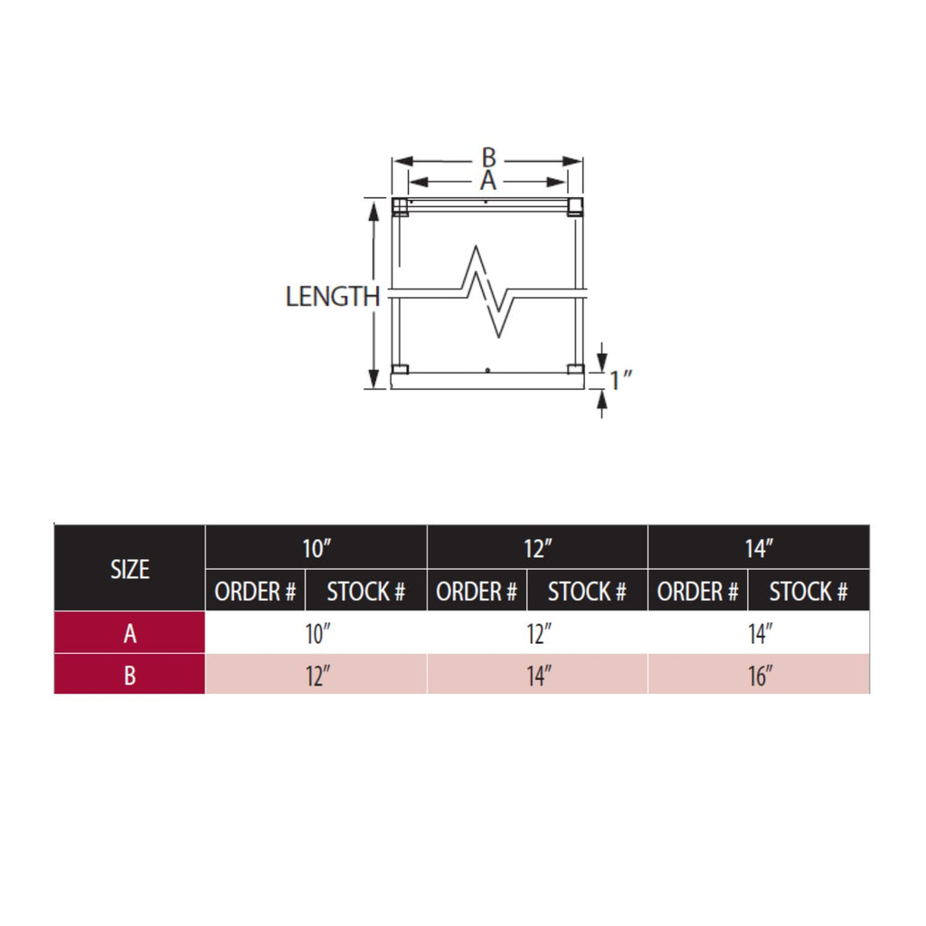 Chimney pipe dimension diagram with length, widths, and size chart