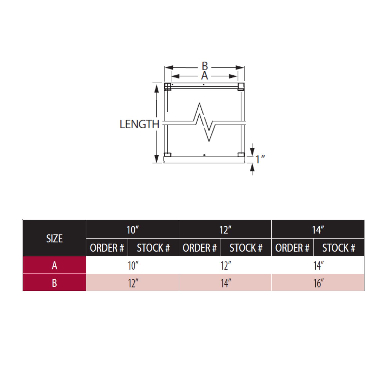Chimney pipe dimension diagram with length, widths, and size chart