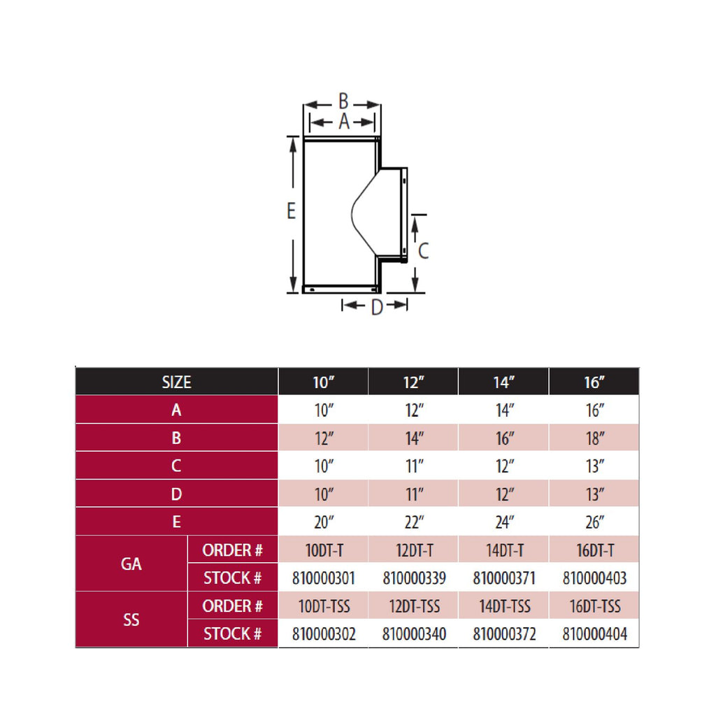 Chimney tee size and dimension chart with labeled measurements