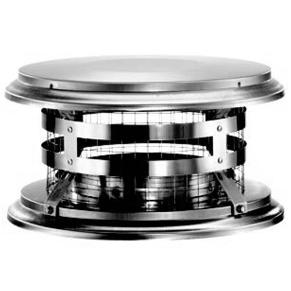 Stainless steel chimney cap with round top, black trim, and support bands