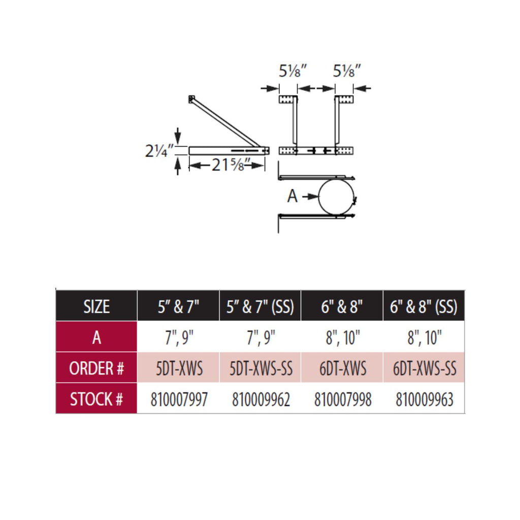 Adjustable extended wall support diagram with size and order dimension chart