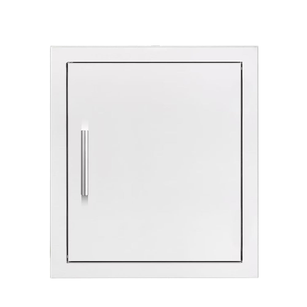 Square vertical access door with white frame and black trim, hinged panel