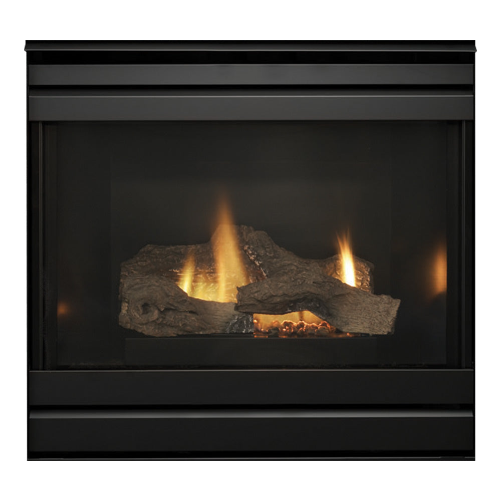 Black direct vent gas fireplace with burning logs in the firebox
