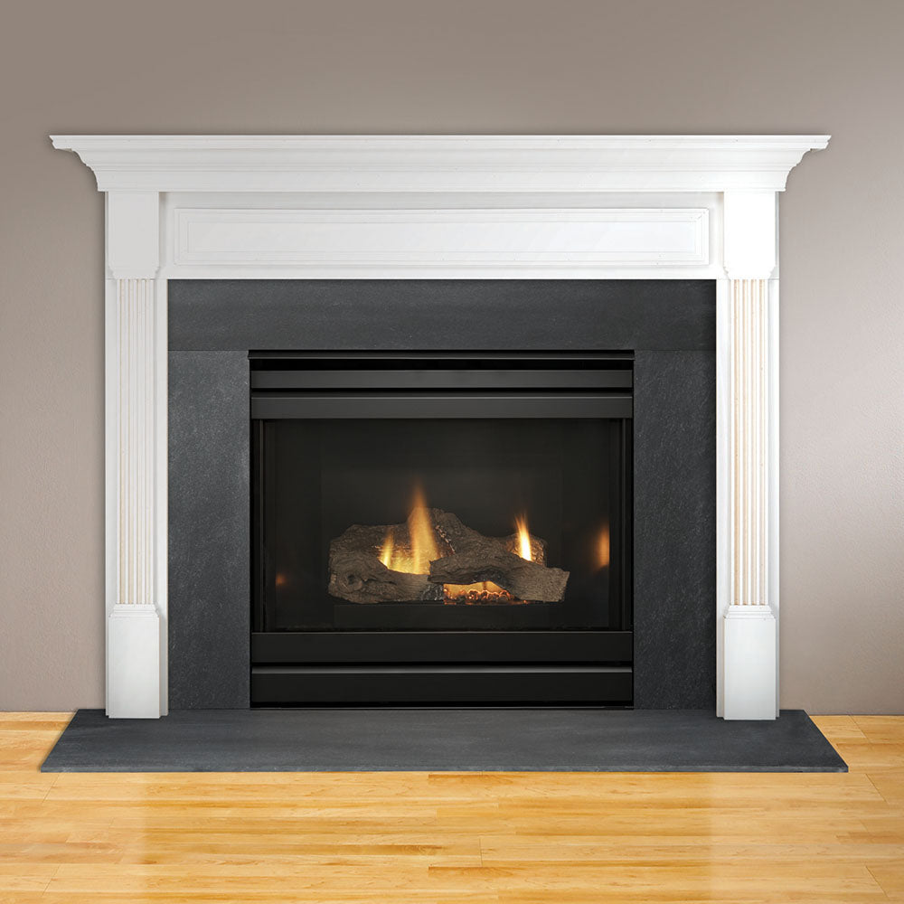 Direct vent gas fireplace with black firebox and burning logs in gray surround