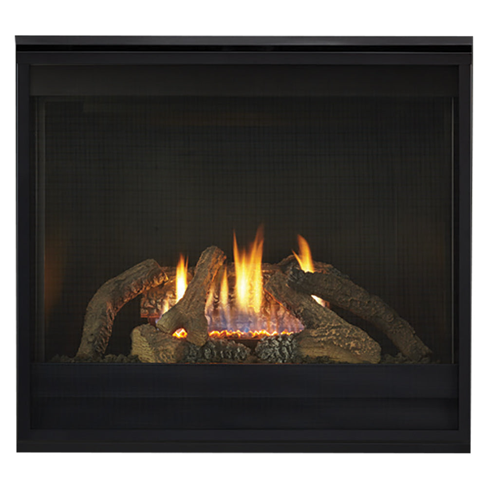 Black direct vent gas fireplace with glass front, burning logs and flames