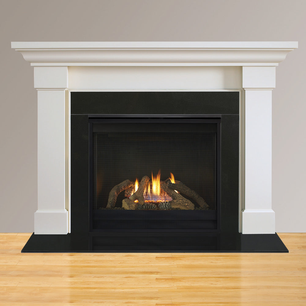 Black direct vent gas fireplace in white mantel, burning logs visible through glass