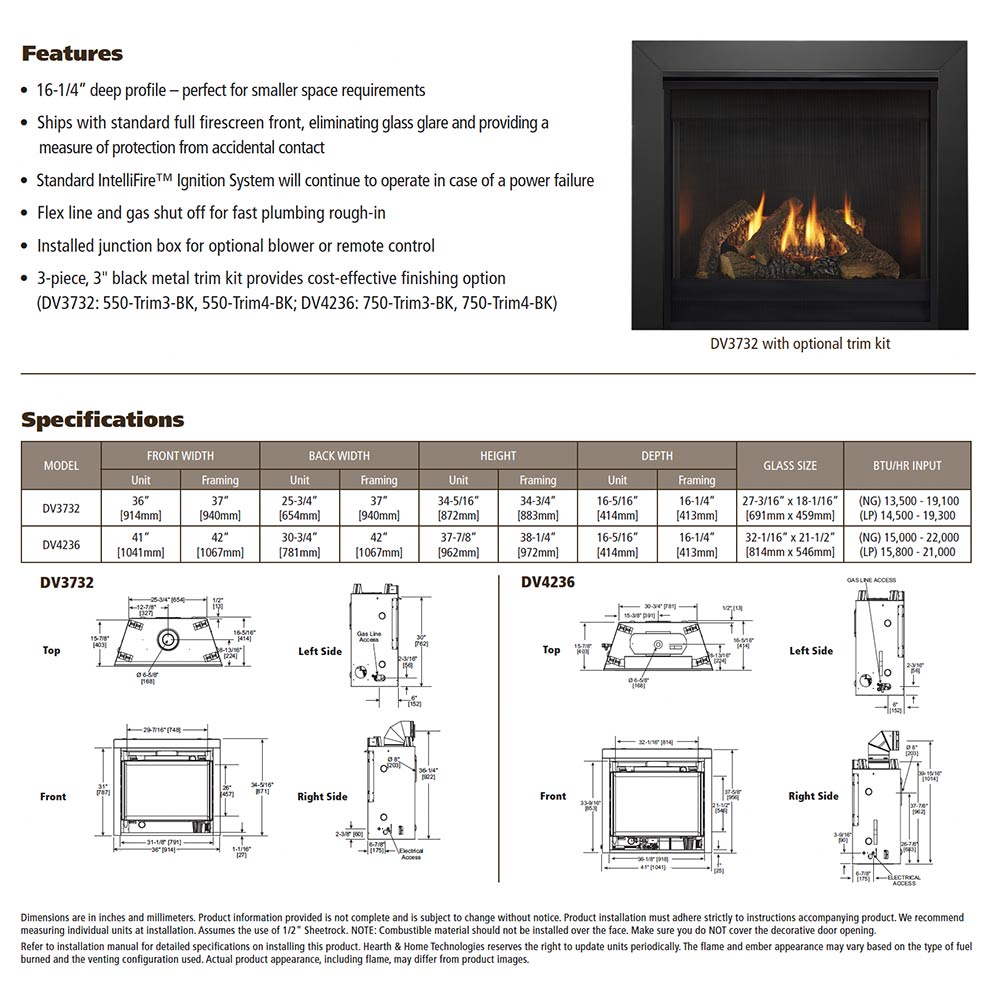 Fireplace features and specifications diagram with flame inset and model chart