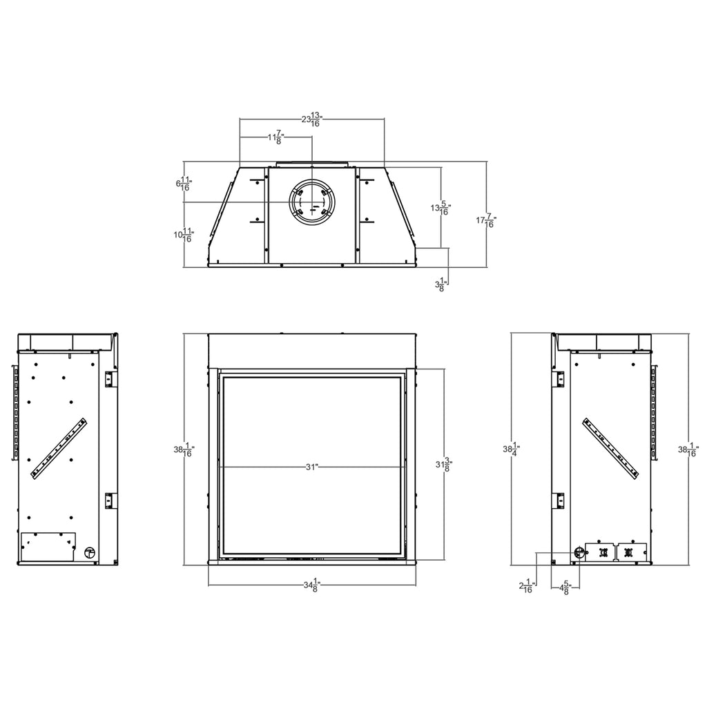Gas fireplace installation diagram with front, side, and top dimensions
