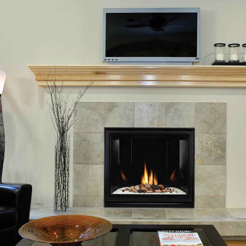 Black direct-vent gas fireplace insert with flame window in stone surround
