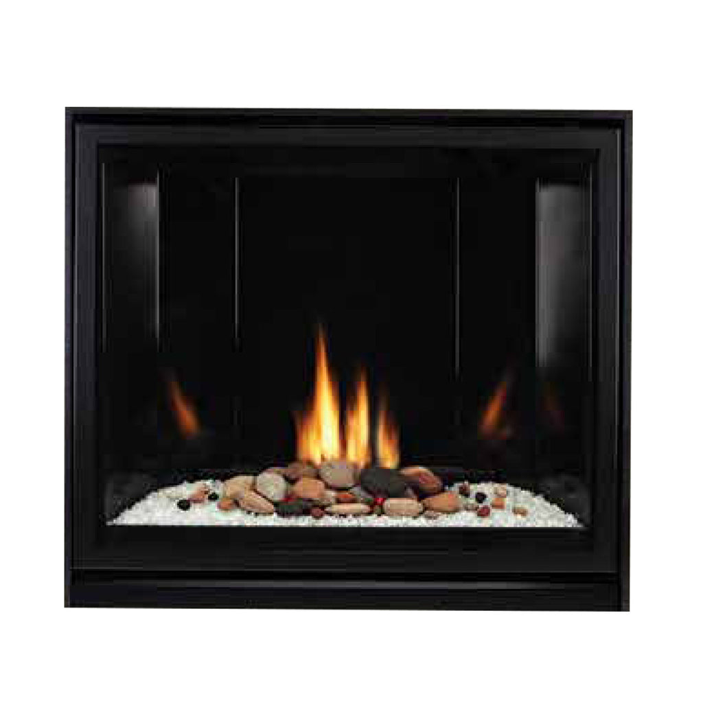 Black contemporary gas fireplace with visible flames and glass ember bed