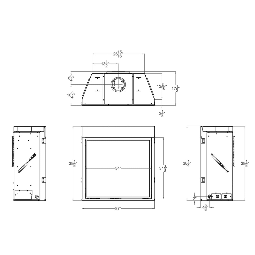 Fireplace dimension drawing with front, top, and side measurement views