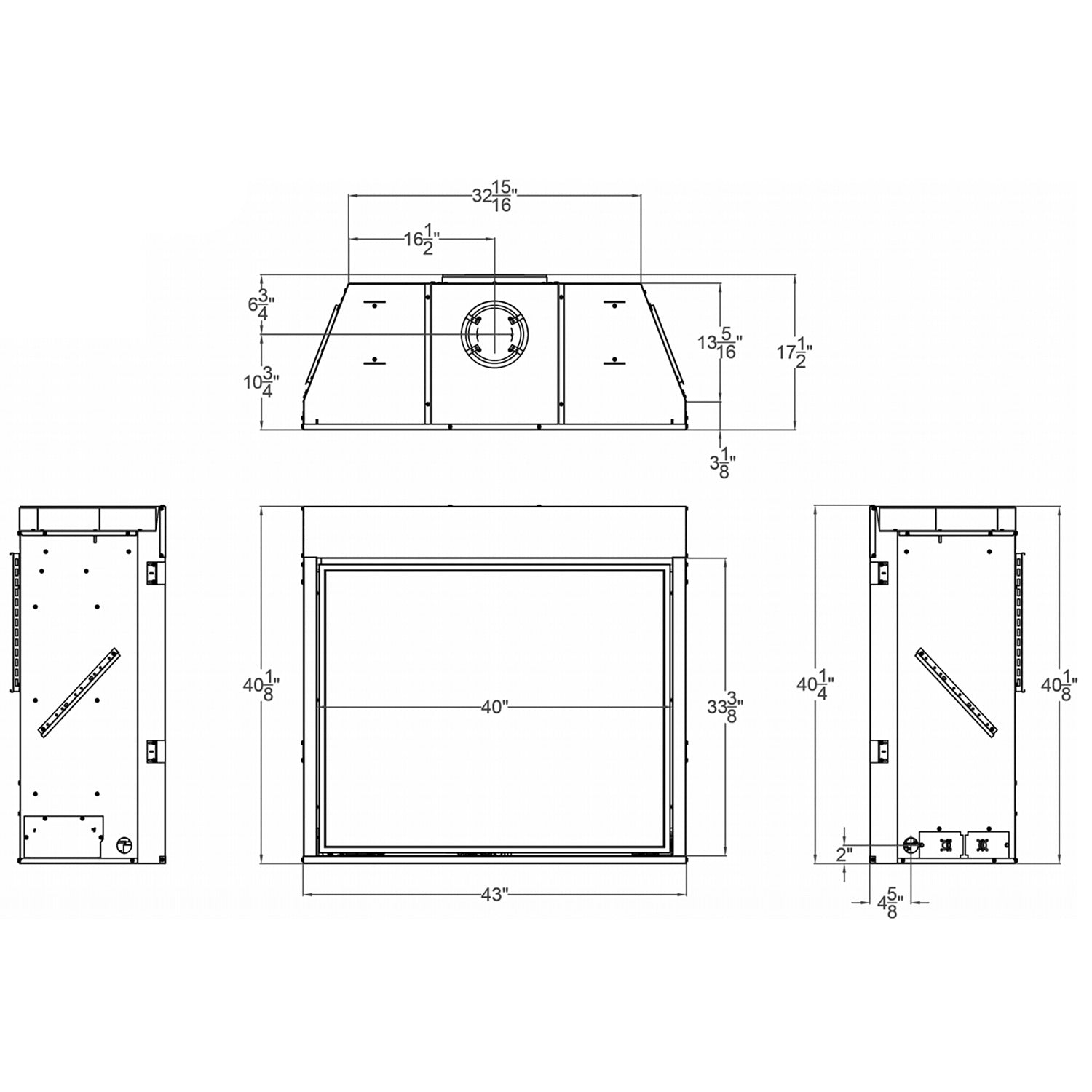 Direct vent gas fireplace dimension diagram with top and side views