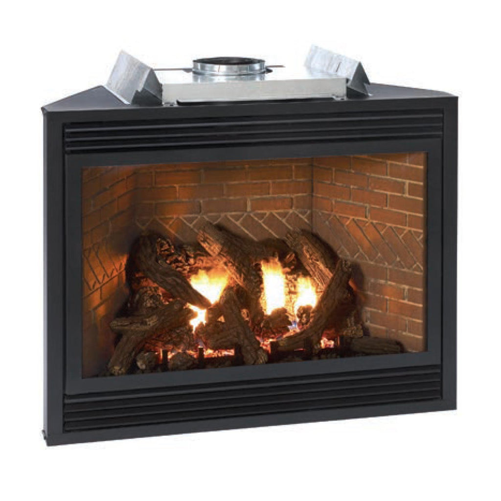 Black direct vent fireplace with glass front, burning logs inside