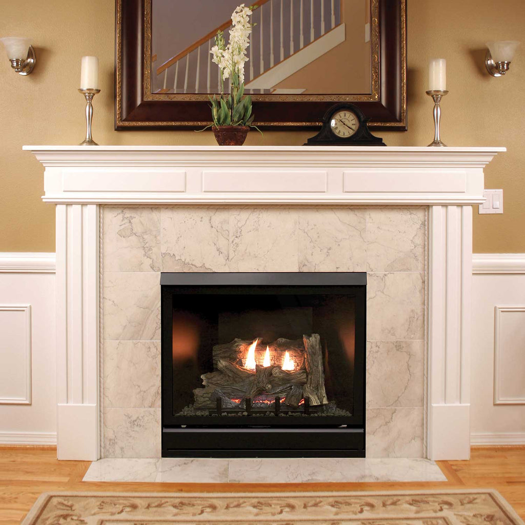 Gas fireplace with marble surround and burning log fire in a black frame