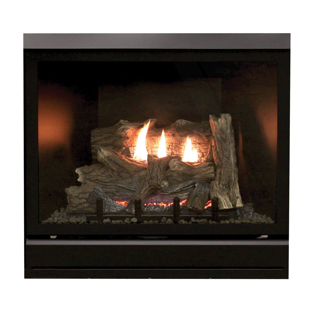 Gas fireplace firebox with glowing logs and visible flames behind black glass