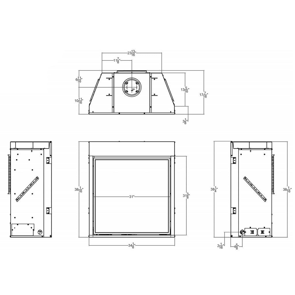 Gas fireplace installation blueprint with front, side, and top dimensions