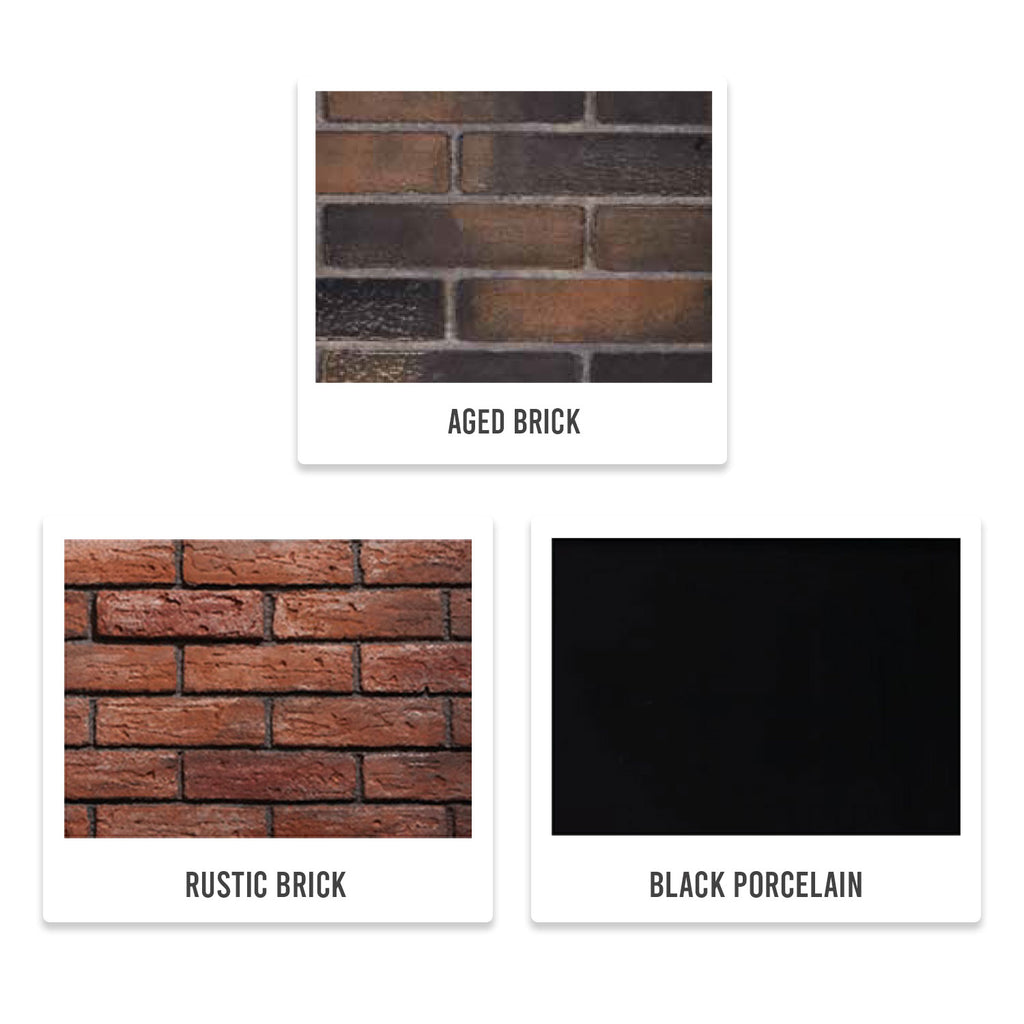 Fireplace panel material samples: aged brick, rustic brick, black porcelain