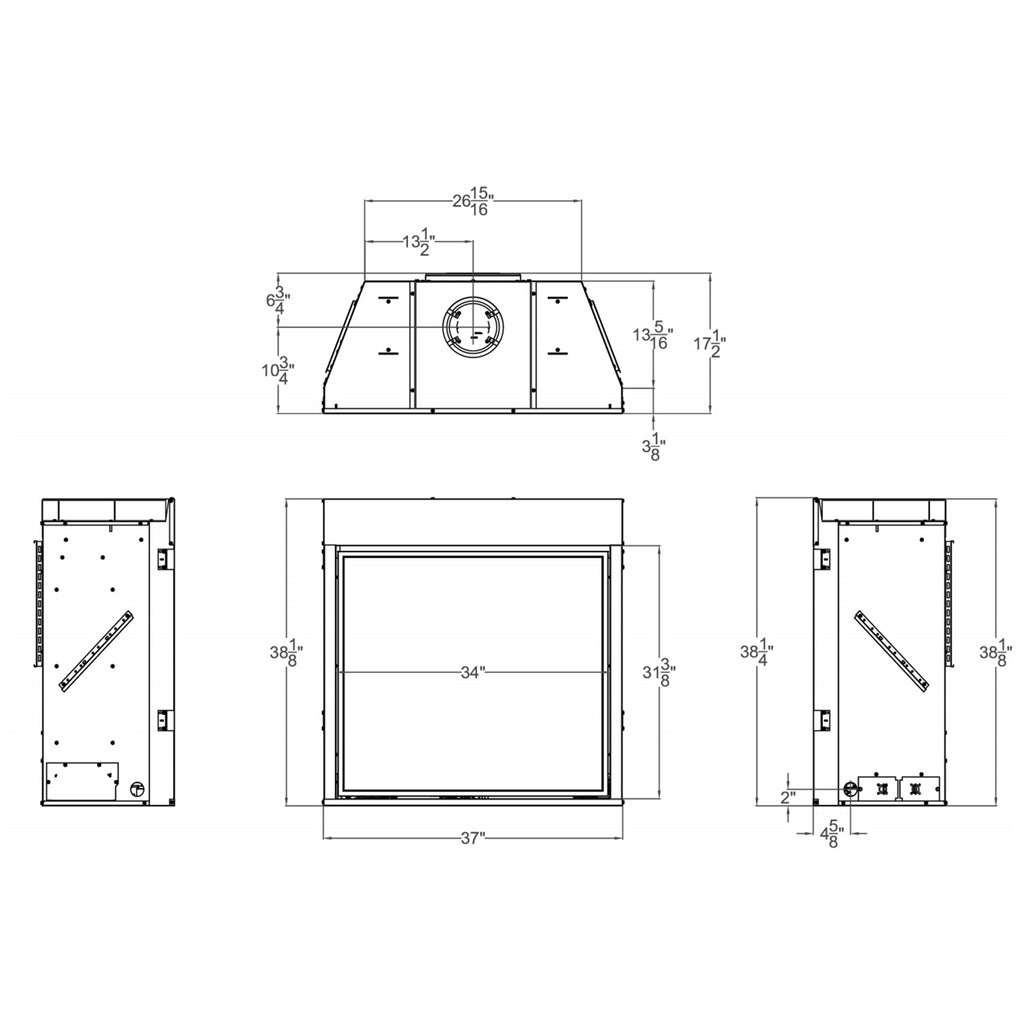 Direct vent gas fireplace dimensional diagram with cutaway view and measurements