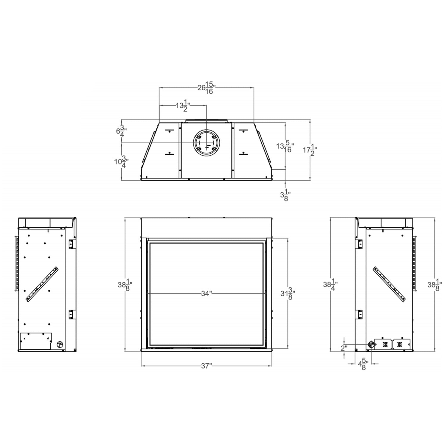 Direct vent gas fireplace dimensional diagram with cutaway view and measurements