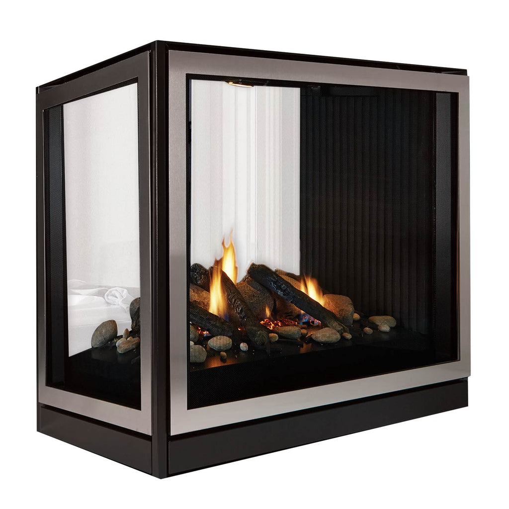Black direct-vent see-through fireplace with glass sides and glowing firebed