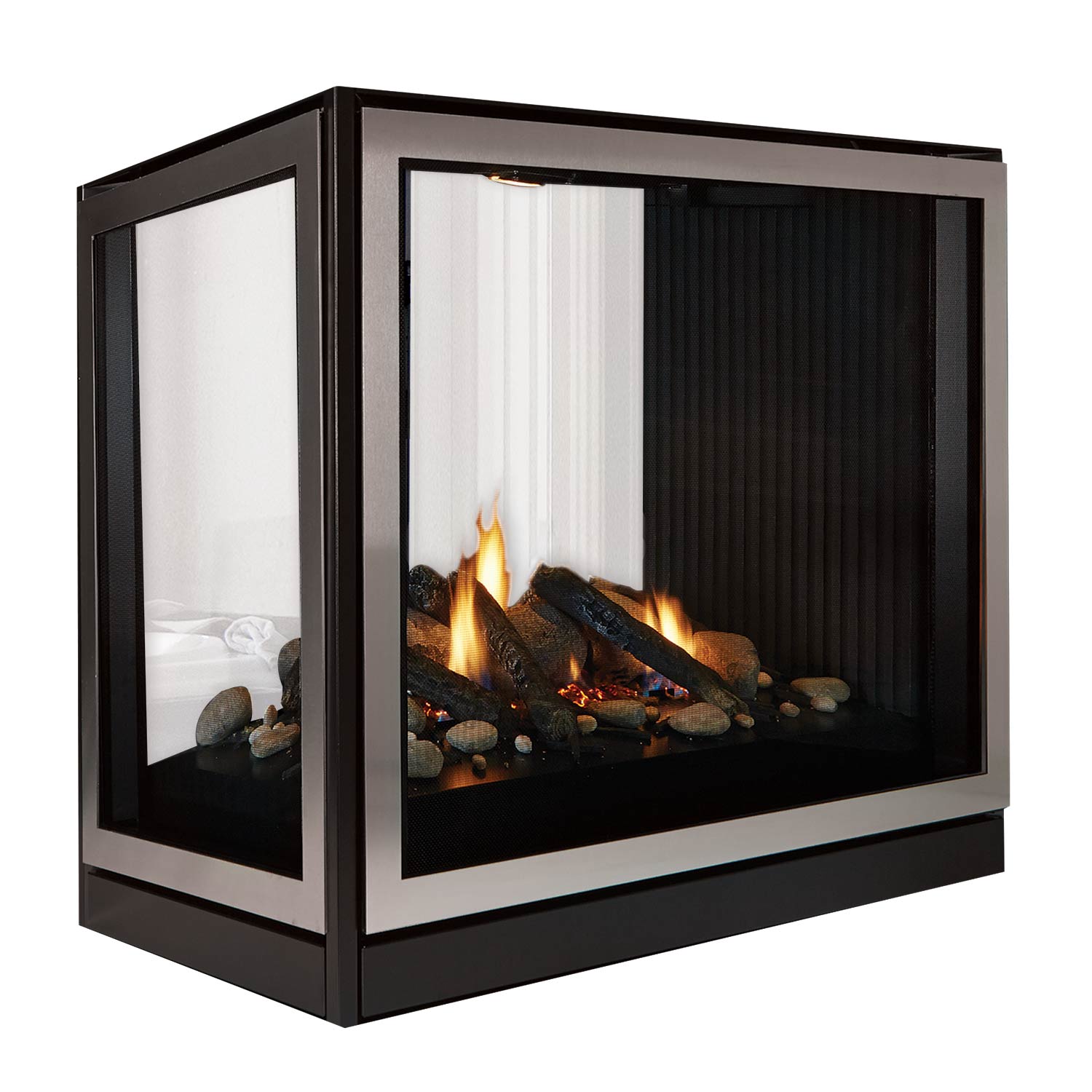 Black direct-vent see-through fireplace with glass sides and glowing firebed