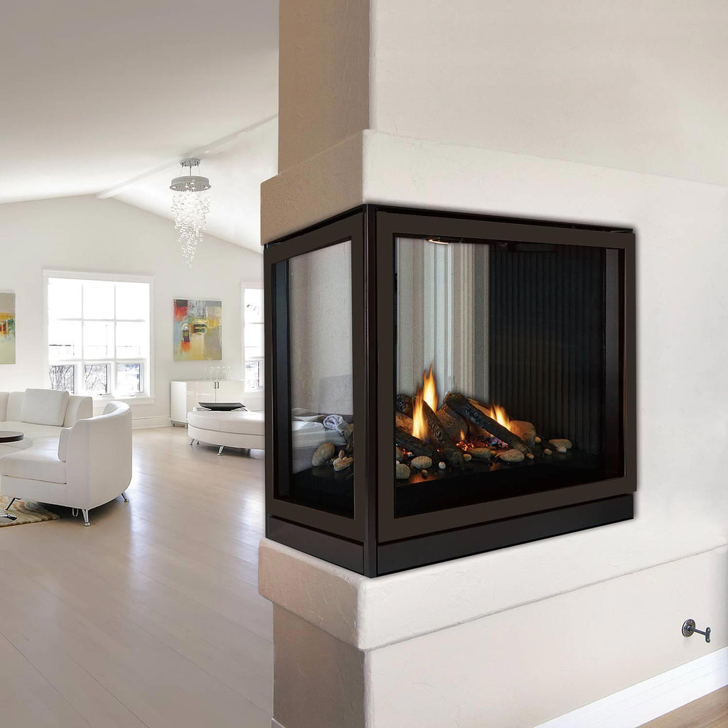 Black see-through direct-vent fireplace installed on a white wall platform