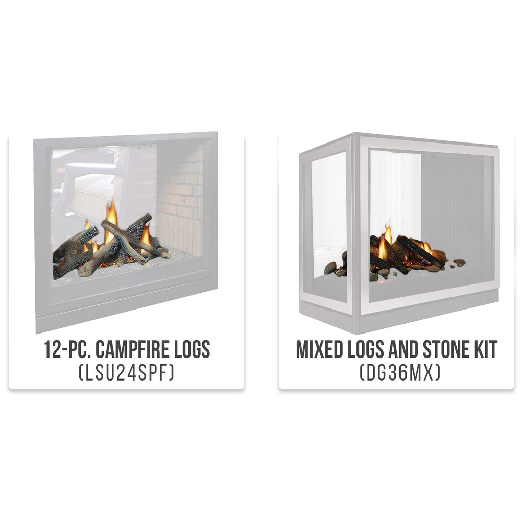 See-through fireplace with glass panels showing logs and a stone kit view