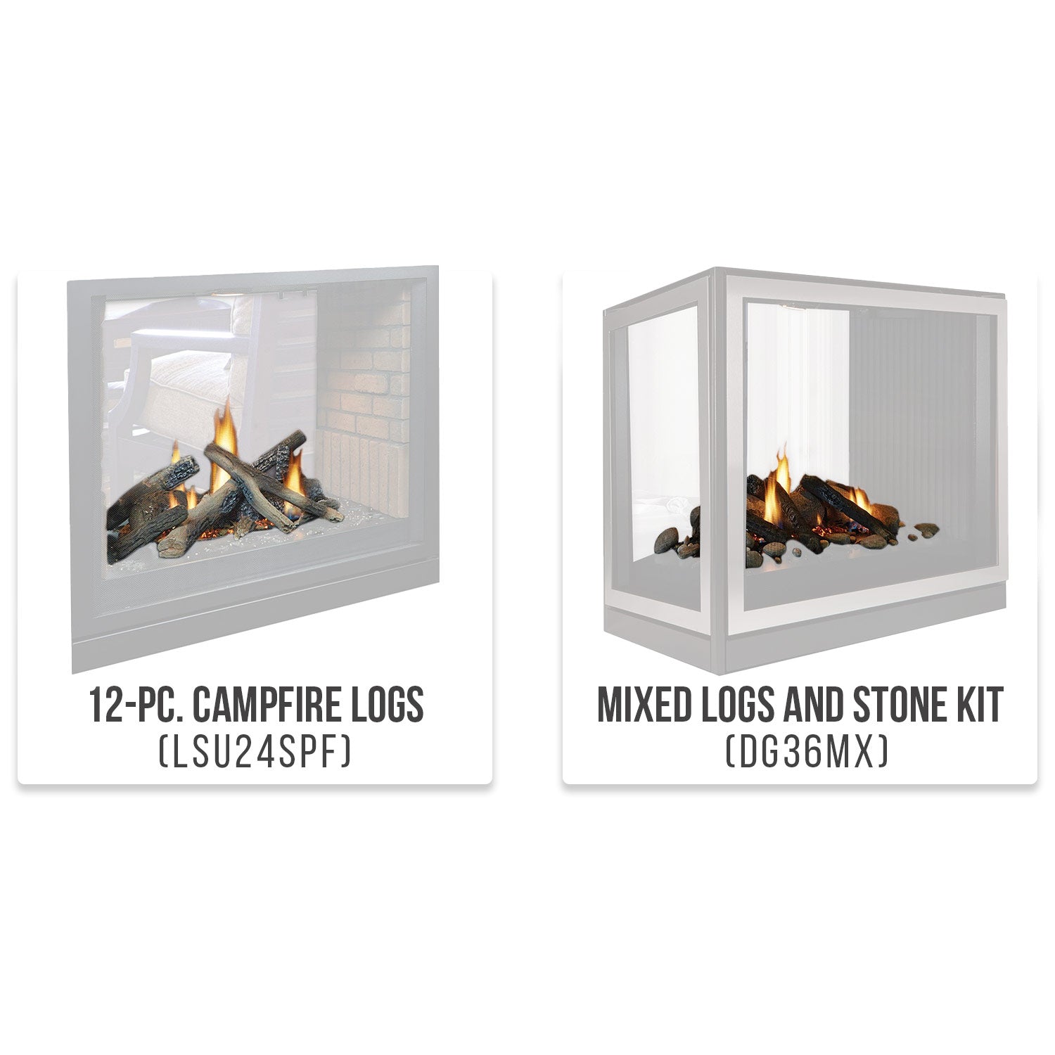See-through fireplace with glass panels showing logs and a stone kit view