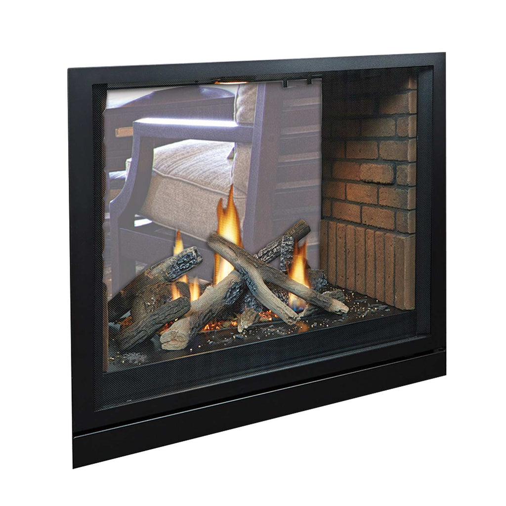 Double-sided direct vent fireplace with black frame and lit fire inside glass doors