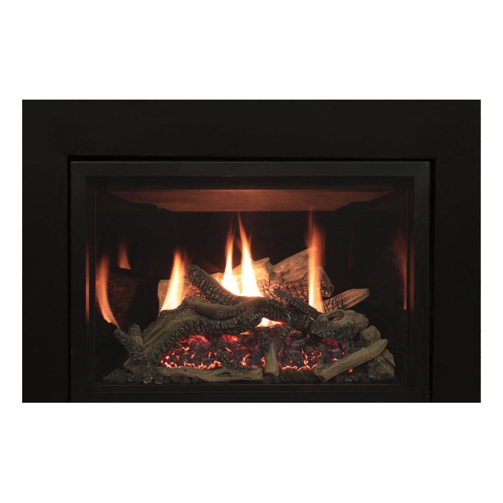 Gas fireplace insert with black front glass, glowing flames, and charred log set inside