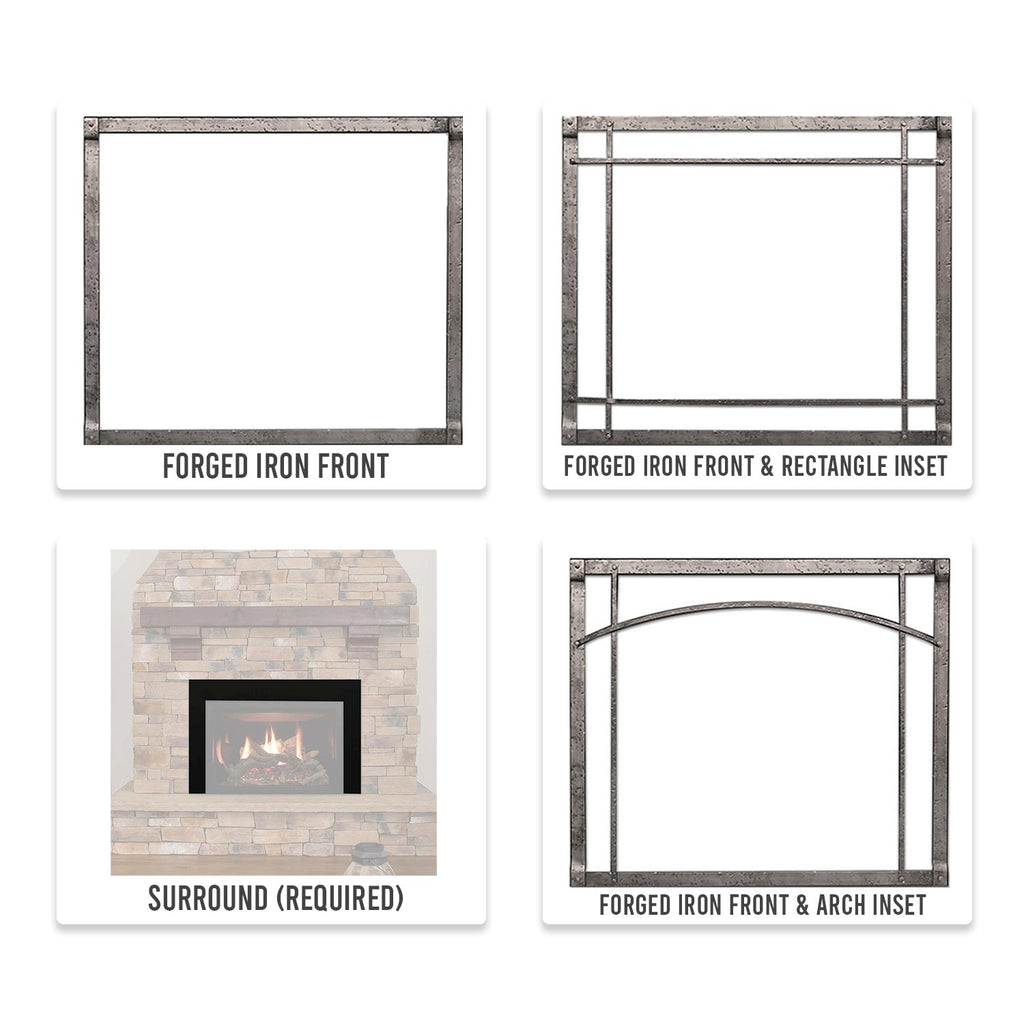 Forged iron fireplace front and inset frame styles shown on layout cards
