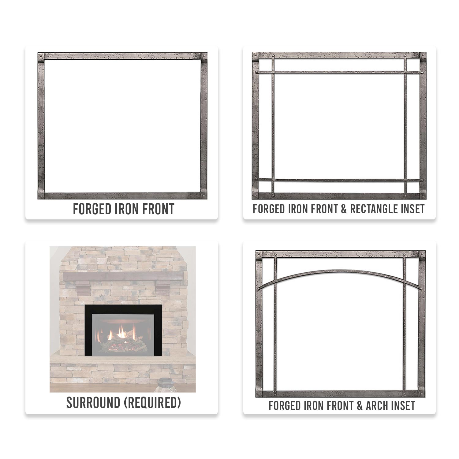 Forged iron fireplace front and inset frame styles shown on layout cards